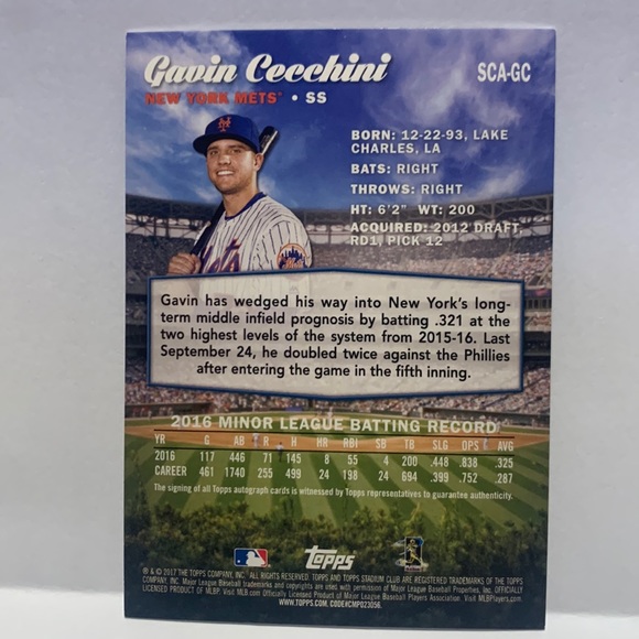 2017 Topps Stadium Club Auto Gavin Cecchini Mets #SGA-GC (010) - Picture 2 of 2